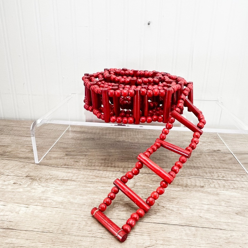 Vintage Red Wooden Holiday Garland Beaded Ladder Christmas Tree‎ Trim 8.5 Ft